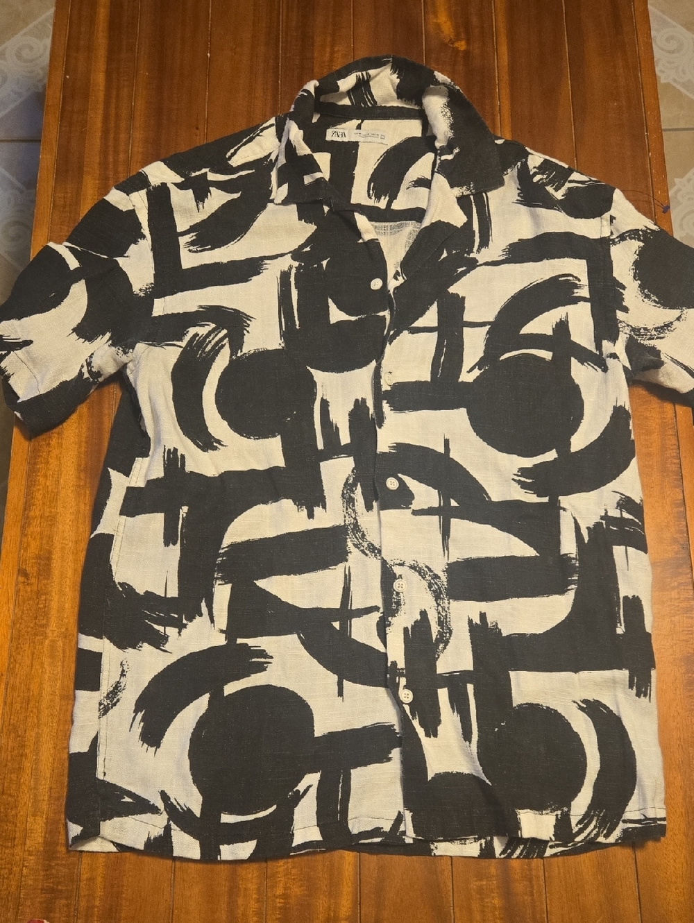 Zara Linen Blend Shirt Men’s Abstract Print SS Camp Collar Button Up Size M